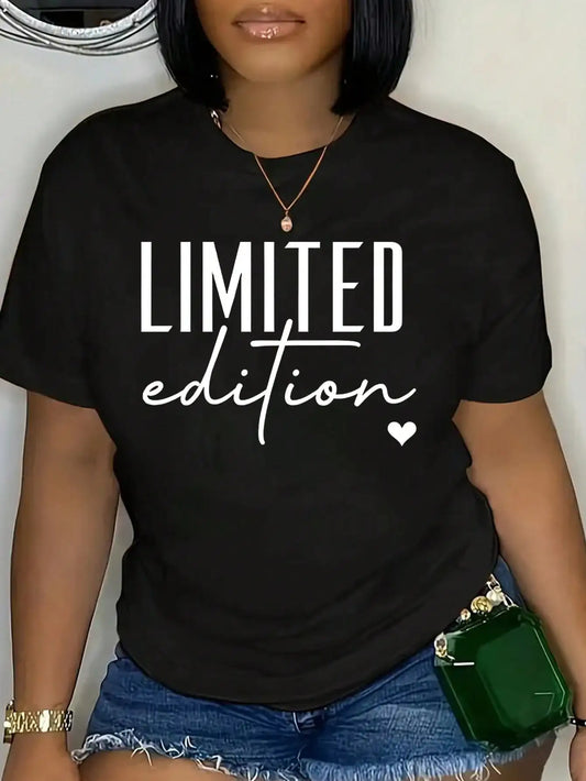 Women's Statement Graphic T-Shirt - Black Casual Tee With "Limited Edition" Text And Heart Element, And Funny.