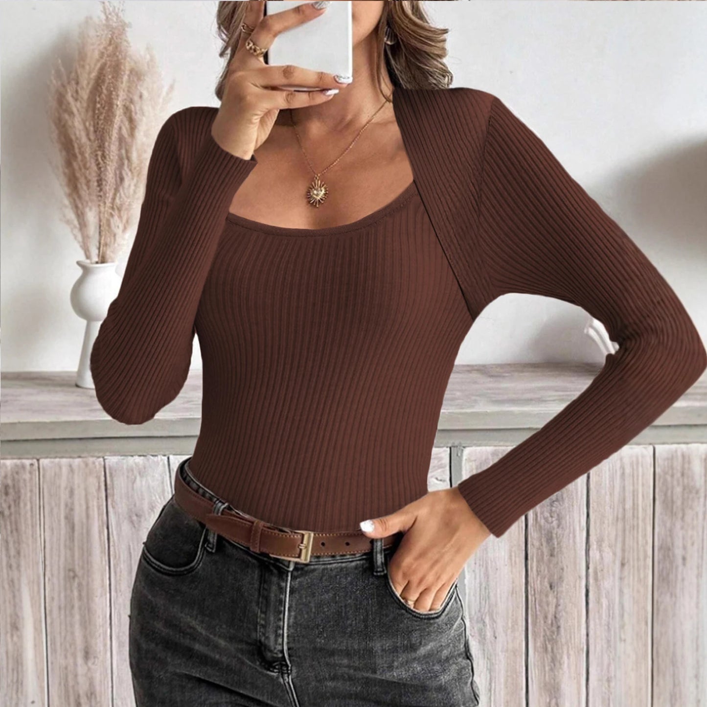 Women'S Square Neck Long Sleeve Pullover Knitted Sweater Bottoming Shirt Ropa De Mujer Winter Clothes Woman Sweater For Woman