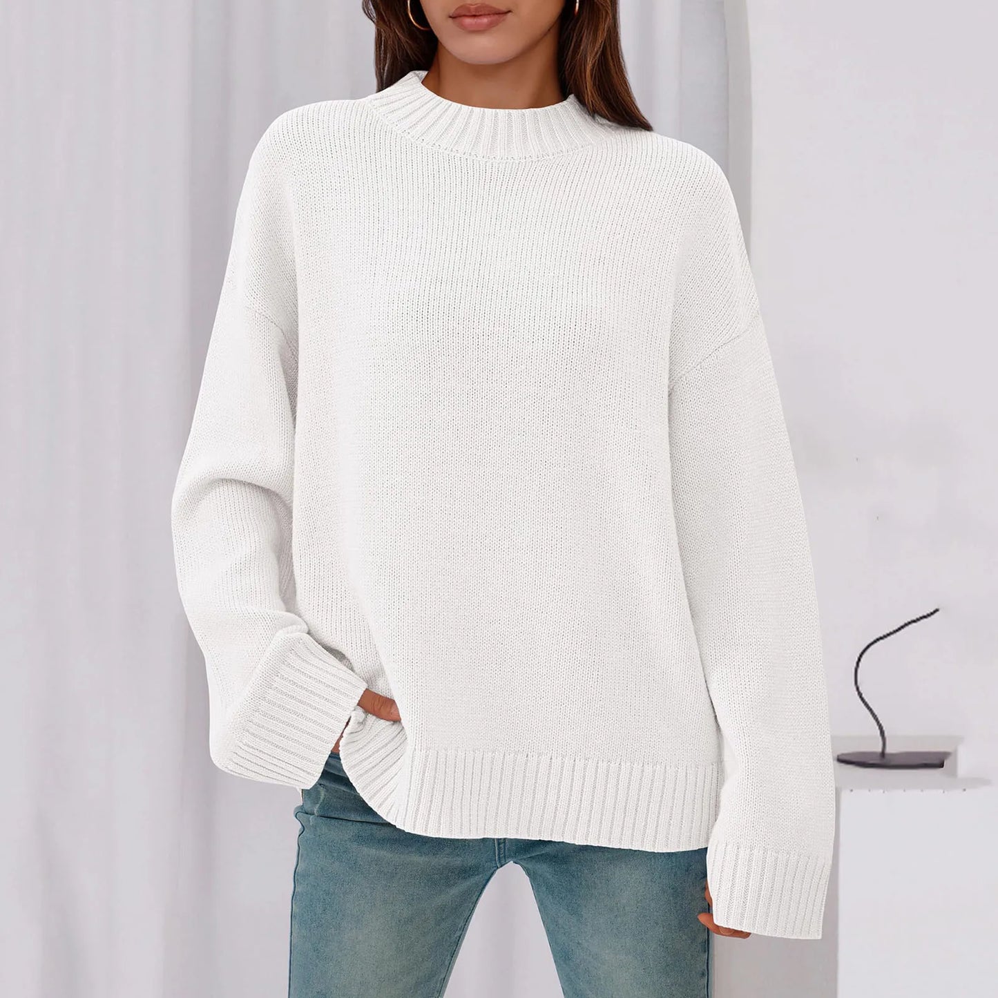 Womens Loose Round Neck Solid Color Bell Sleeve Long Sleeve Knitted Sweater Top Ropa De Mujer Sweater De Mujer Pull Femme