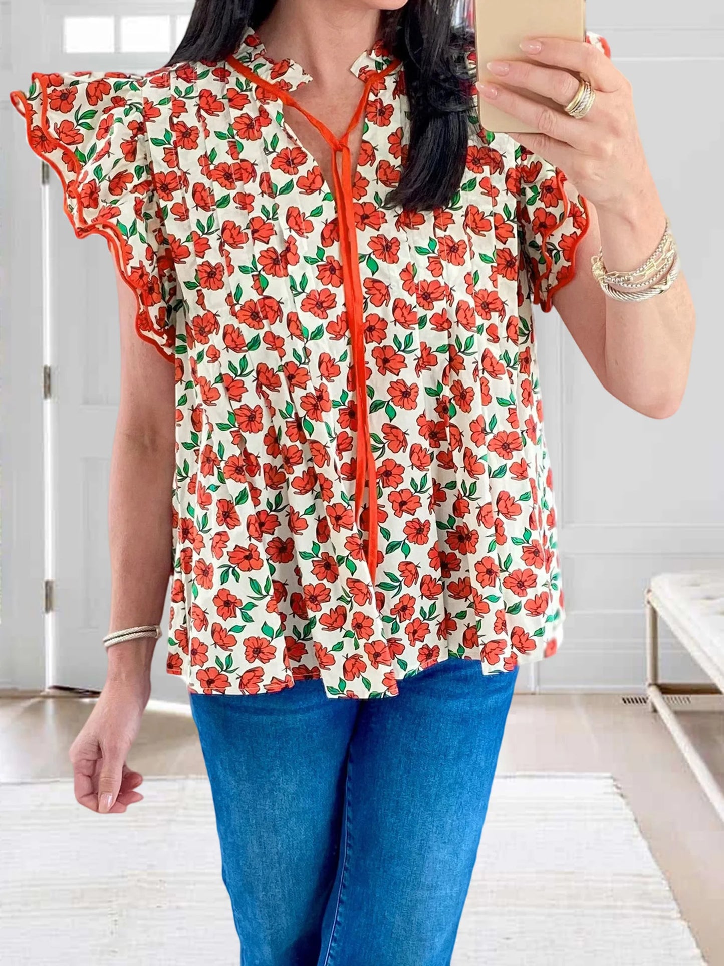 Women s Summer Casual V-Neck T-Shirt with Tie-Up Detail and Floral Print Short Sleeves Streetwear Top