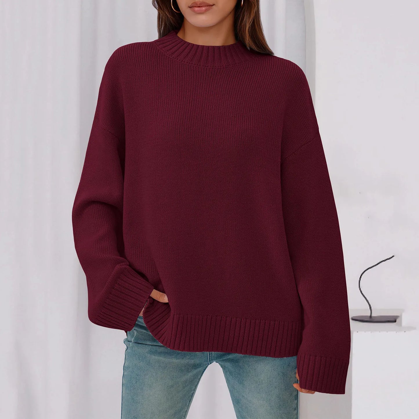 Womens Loose Round Neck Solid Color Bell Sleeve Long Sleeve Knitted Sweater Top Ropa De Mujer Sweater De Mujer Pull Femme