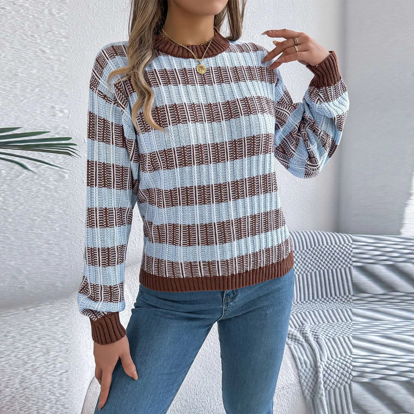 Sweater For Woman Women'S Round Neck Vintage Striped  Long Sleeve Pullover Sweater Ropa De Mujer Winter Clothes Woman New