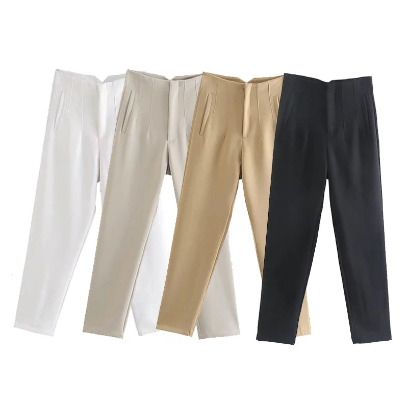 CLAZZAA Women Fashion Solid High Waist Pencil Pants With Seam Detail Streetwear Woman Ankle Trousers Autumn Office Pant