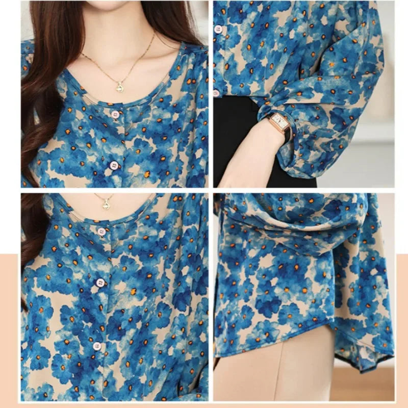Floral Design New Casual Loose Lantern Sleeve Blouse Retro Long Sleeve Chiffon Women's Shirt Tops