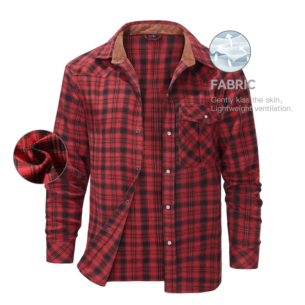 Men's Shirts Spring Popular Clothes Flannel Long Sleeve Plaid Checkered Brushed Casual Western Snap Shirt US Size