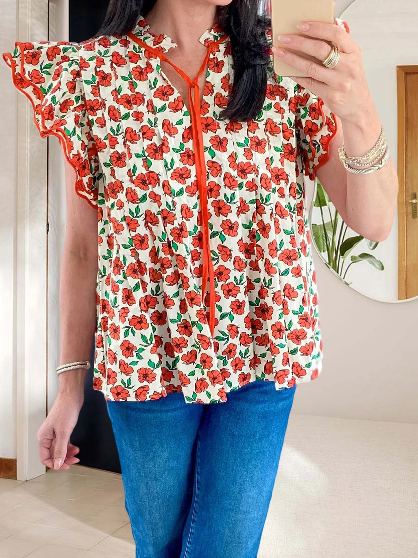Women s Summer Casual V-Neck T-Shirt with Tie-Up Detail and Floral Print Short Sleeves Streetwear Top