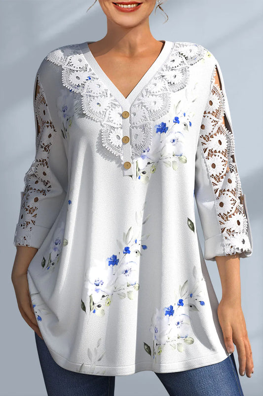 Plus Size Lace Patchwork V Neck Floral Print Blouse