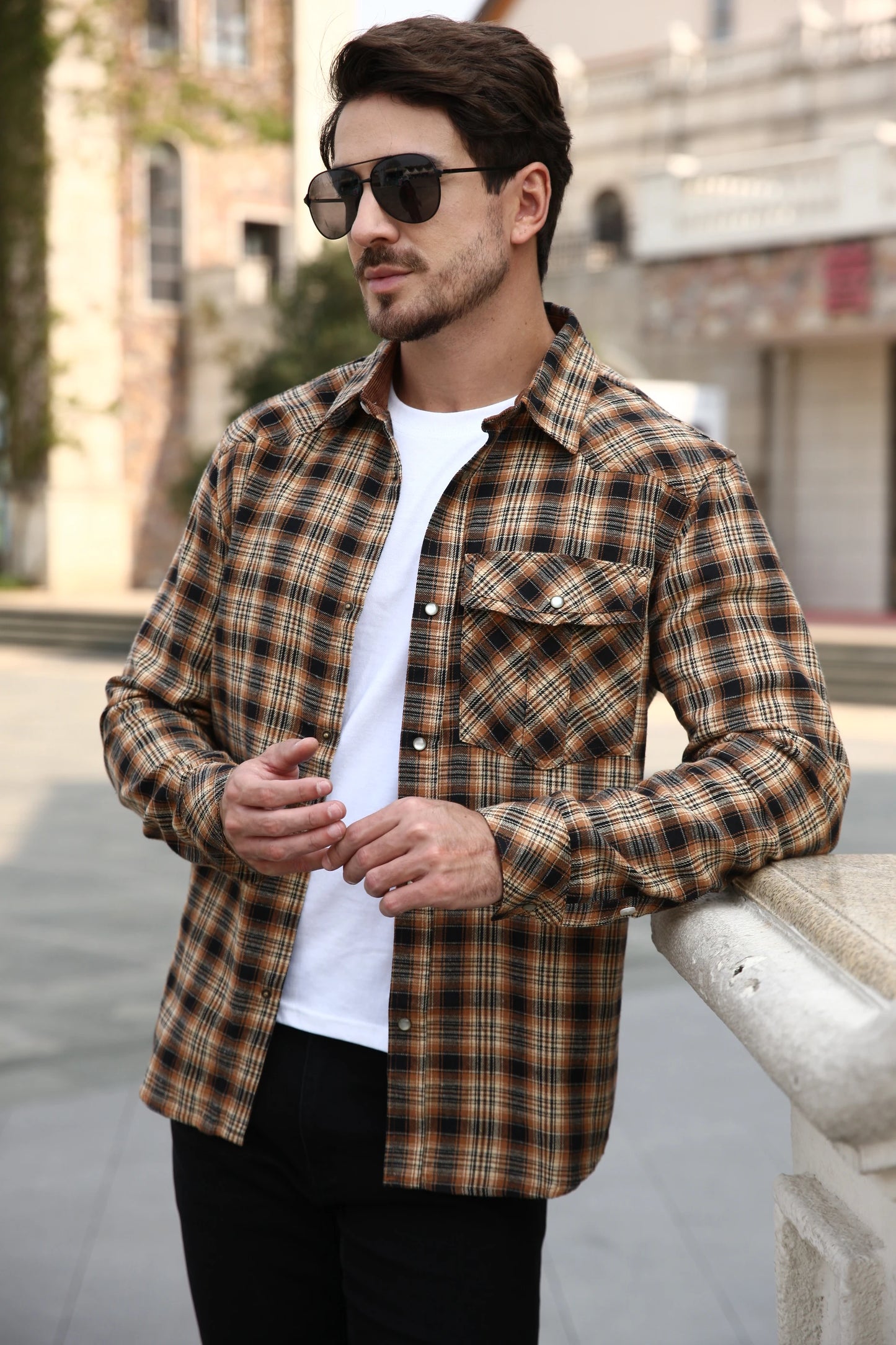 Men's Shirts Spring Popular Clothes Flannel Long Sleeve Plaid Checkered Brushed Casual Western Snap Shirt US Size