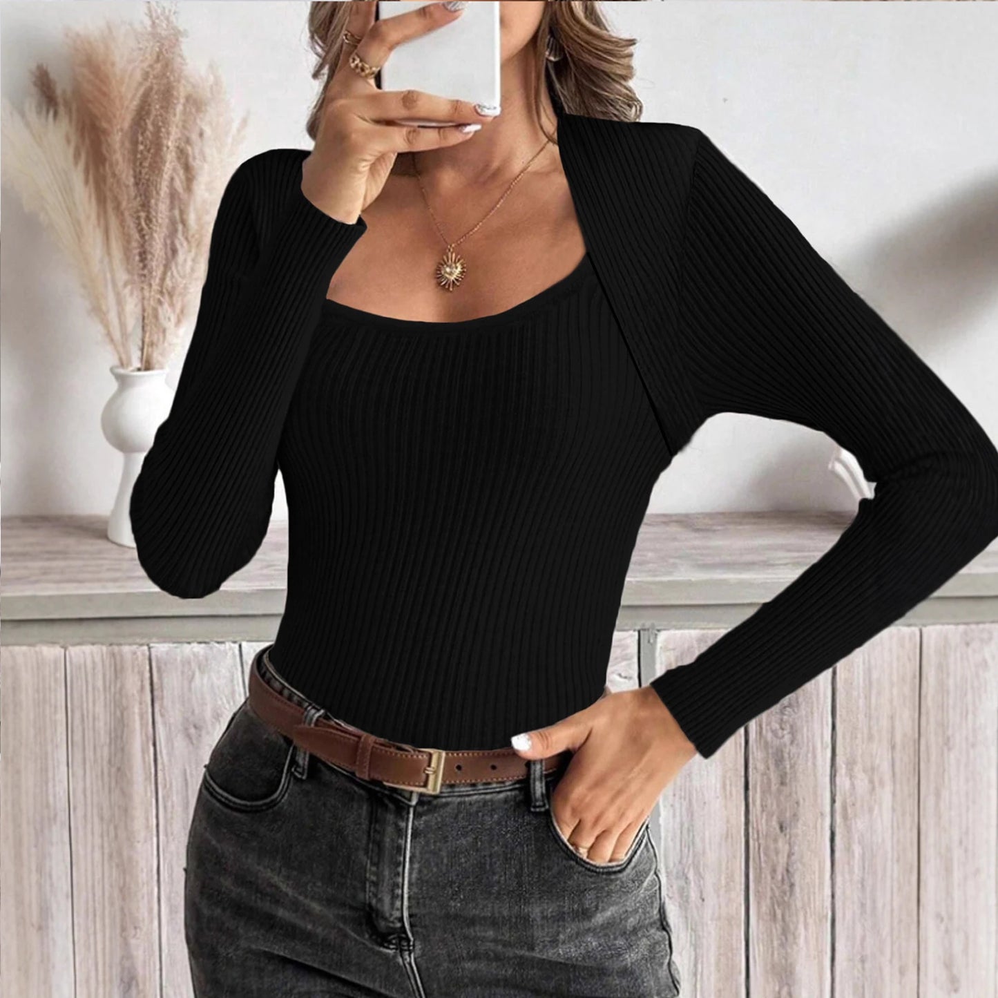 Women'S Square Neck Long Sleeve Pullover Knitted Sweater Bottoming Shirt Ropa De Mujer Winter Clothes Woman Sweater For Woman