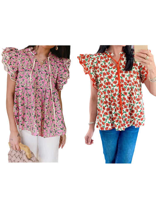 Women s Summer Casual V-Neck T-Shirt with Tie-Up Detail and Floral Print Short Sleeves Streetwear Top