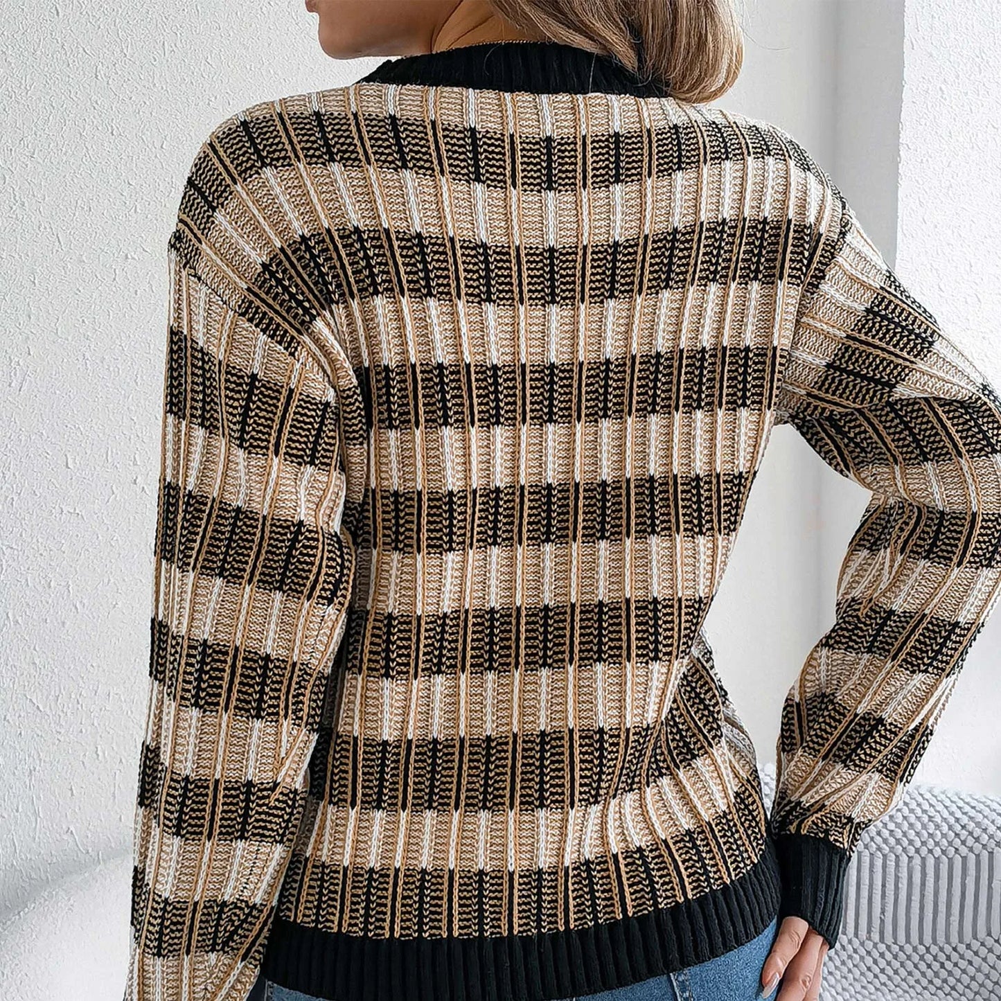 Sweater For Woman Women'S Round Neck Vintage Striped  Long Sleeve Pullover Sweater Ropa De Mujer Winter Clothes Woman New