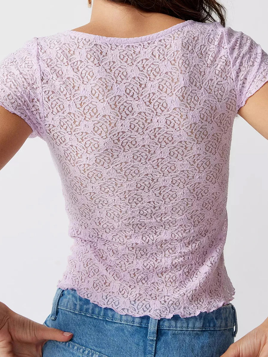 Women s Summer Fitted Crop Tops Short Sleeve Low Cut Tie Up Cropped Lace T-shirt