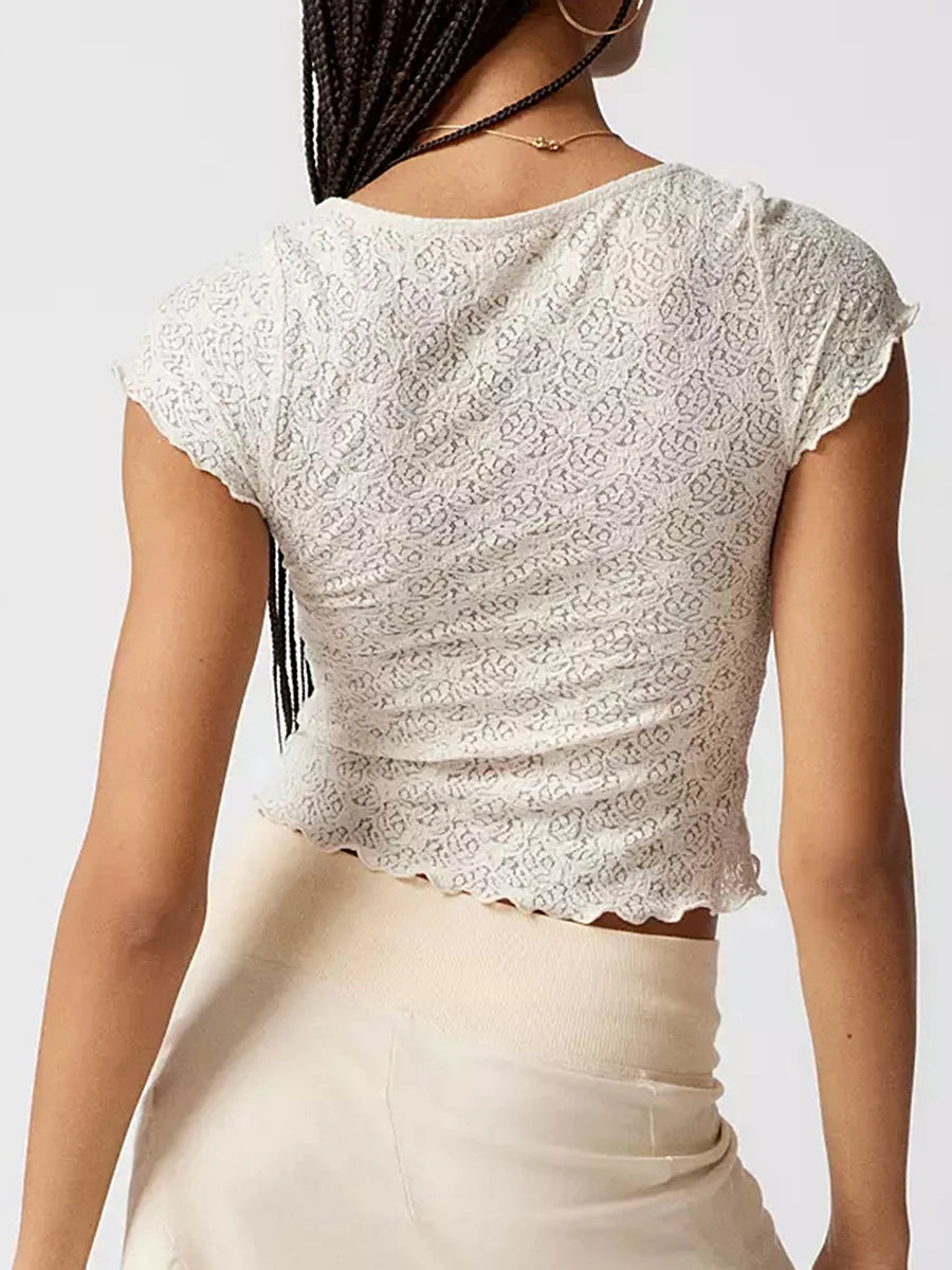 Women s Summer Fitted Crop Tops Short Sleeve Low Cut Tie Up Cropped Lace T-shirt