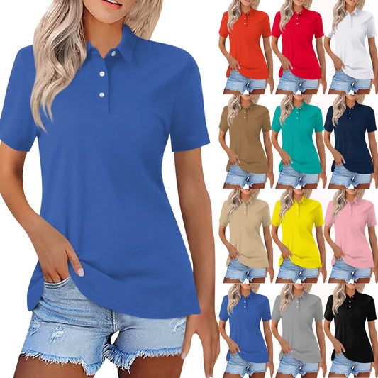 Women's casual button short-sleeved top solid color lapel polo shirt refreshing and breathable summer daily commuting clothes
