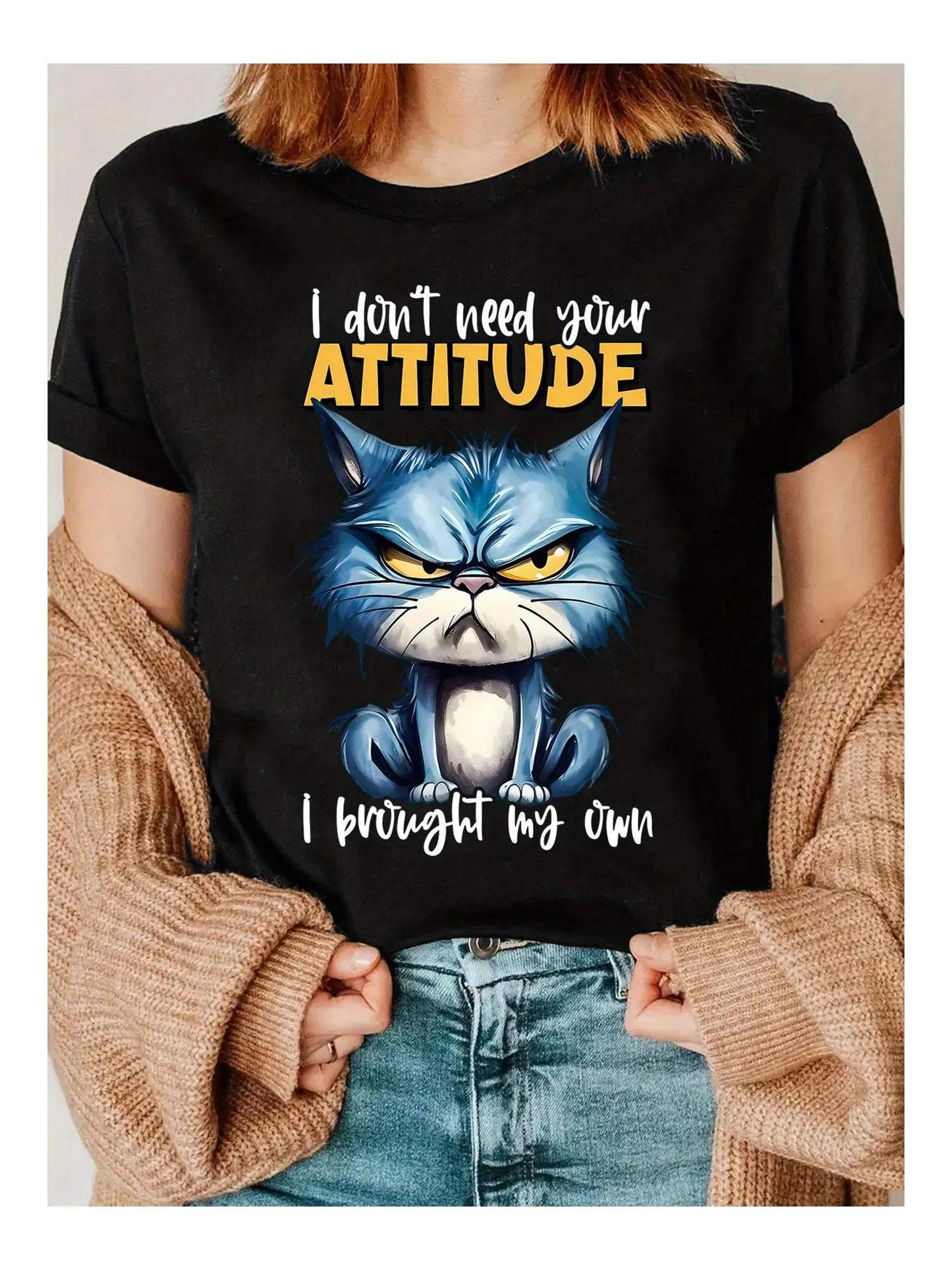 Women's Black Casual Short Sleeve Crew Neck T-Shirt with Blue Cat Graphic Print "I Brought My Own Attitude" Slogan All-Season