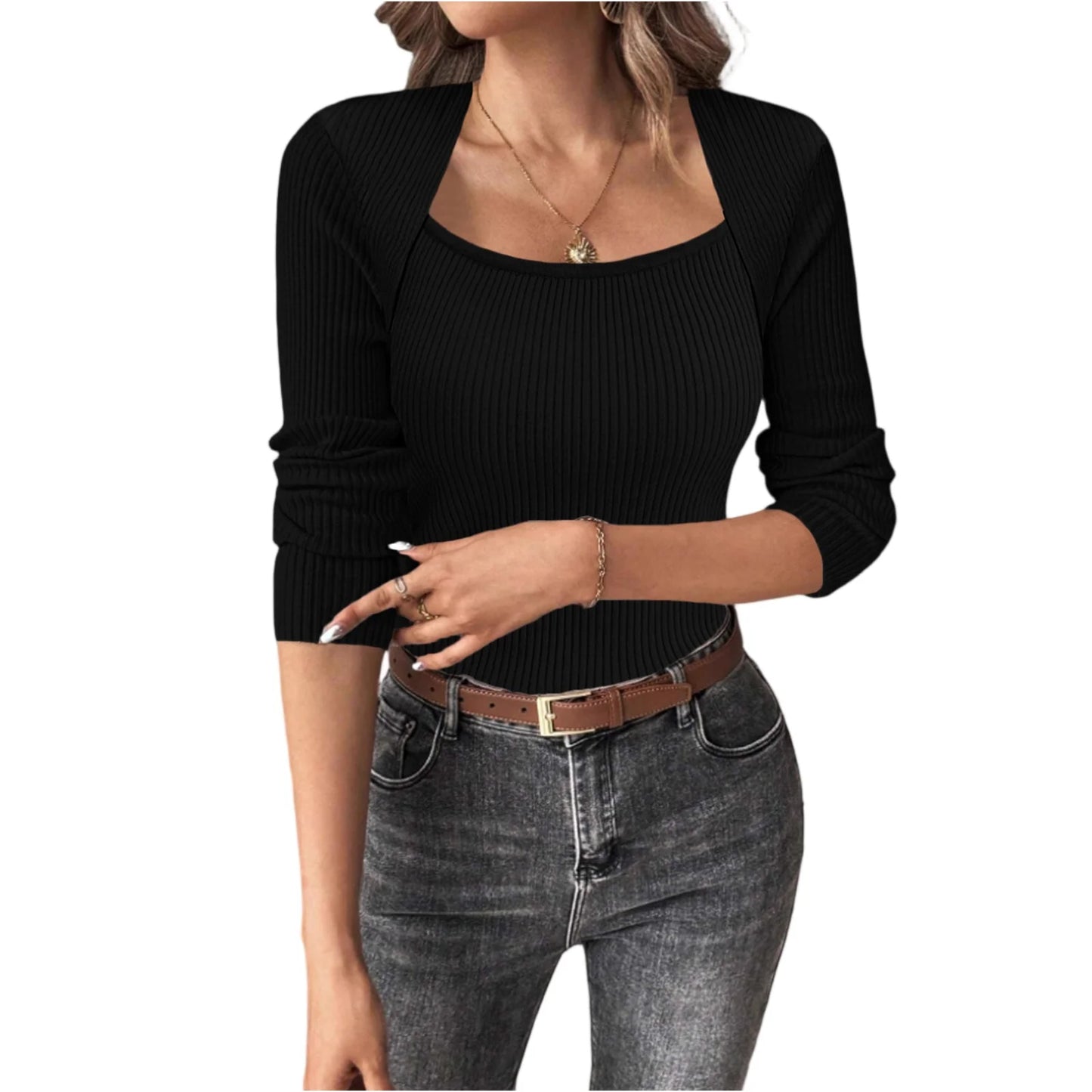 Women'S Square Neck Long Sleeve Pullover Knitted Sweater Bottoming Shirt Ropa De Mujer Winter Clothes Woman Sweater For Woman