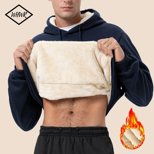 Men's New Winter Warm Fleece Lined Hoodied Thick Crew Neck Solid Basic Pullover Sweatshirt Thermal Comf Streatwear Tops Clothing