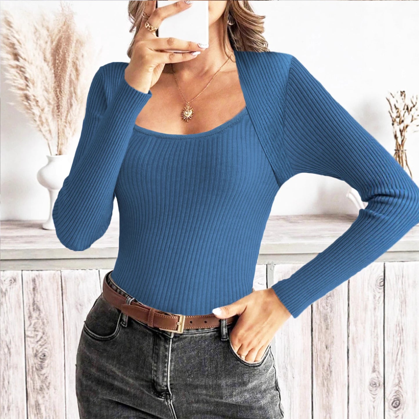 Women'S Square Neck Long Sleeve Pullover Knitted Sweater Bottoming Shirt Ropa De Mujer Winter Clothes Woman Sweater For Woman