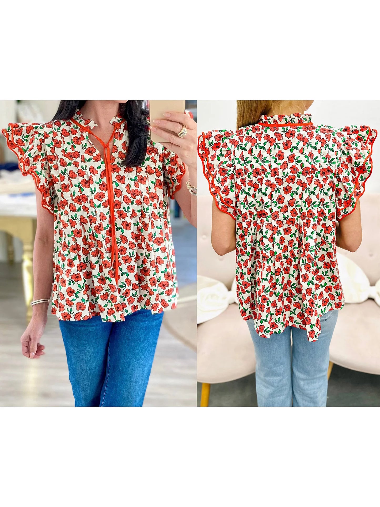 Women s Summer Casual V-Neck T-Shirt with Tie-Up Detail and Floral Print Short Sleeves Streetwear Top