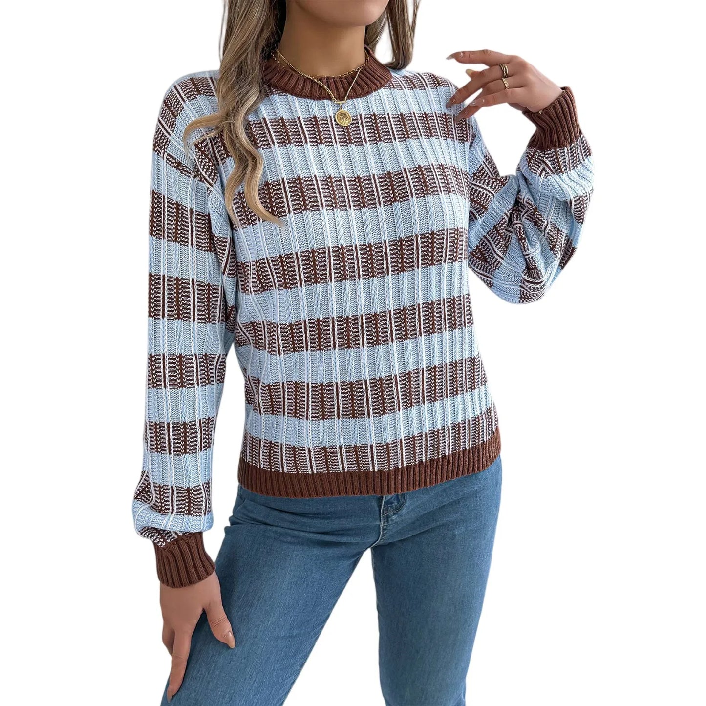 Sweater For Woman Women'S Round Neck Vintage Striped  Long Sleeve Pullover Sweater Ropa De Mujer Winter Clothes Woman New