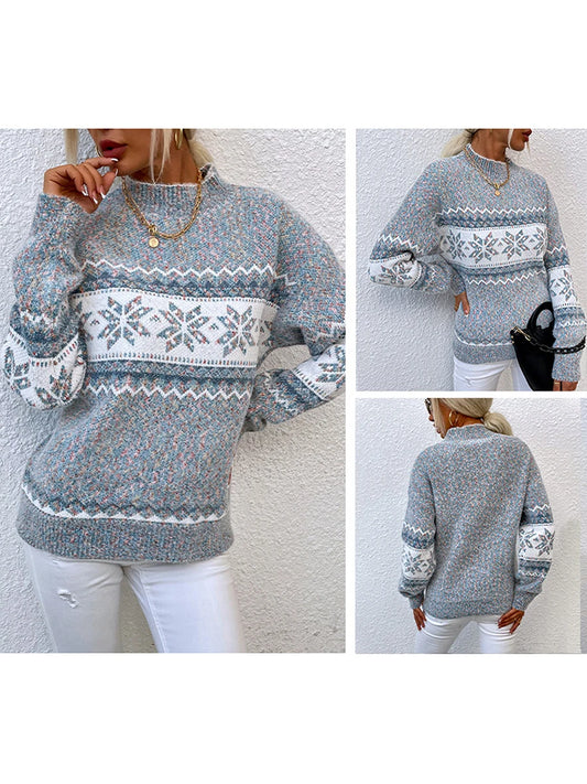 Women s Loose Christmas Sweater Cartoon Snowflake Print Long Sleeve Half High Neck Pullover Holiday Knitwear