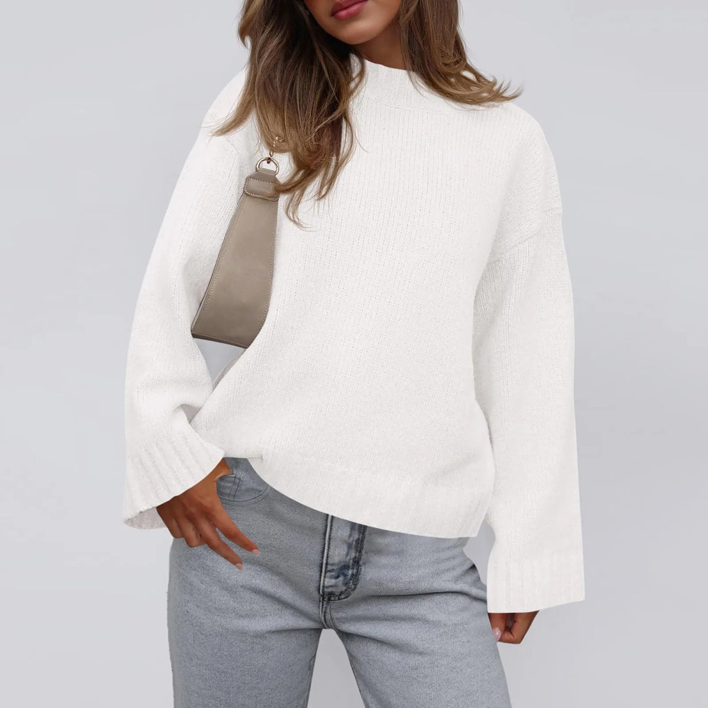 Womens Loose Round Neck Solid Color Bell Sleeve Long Sleeve Knitted Sweater Top Ropa De Mujer Sweater De Mujer Pull Femme