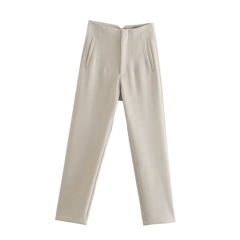 CLAZZAA Women Fashion Solid High Waist Pencil Pants With Seam Detail Streetwear Woman Ankle Trousers Autumn Office Pant