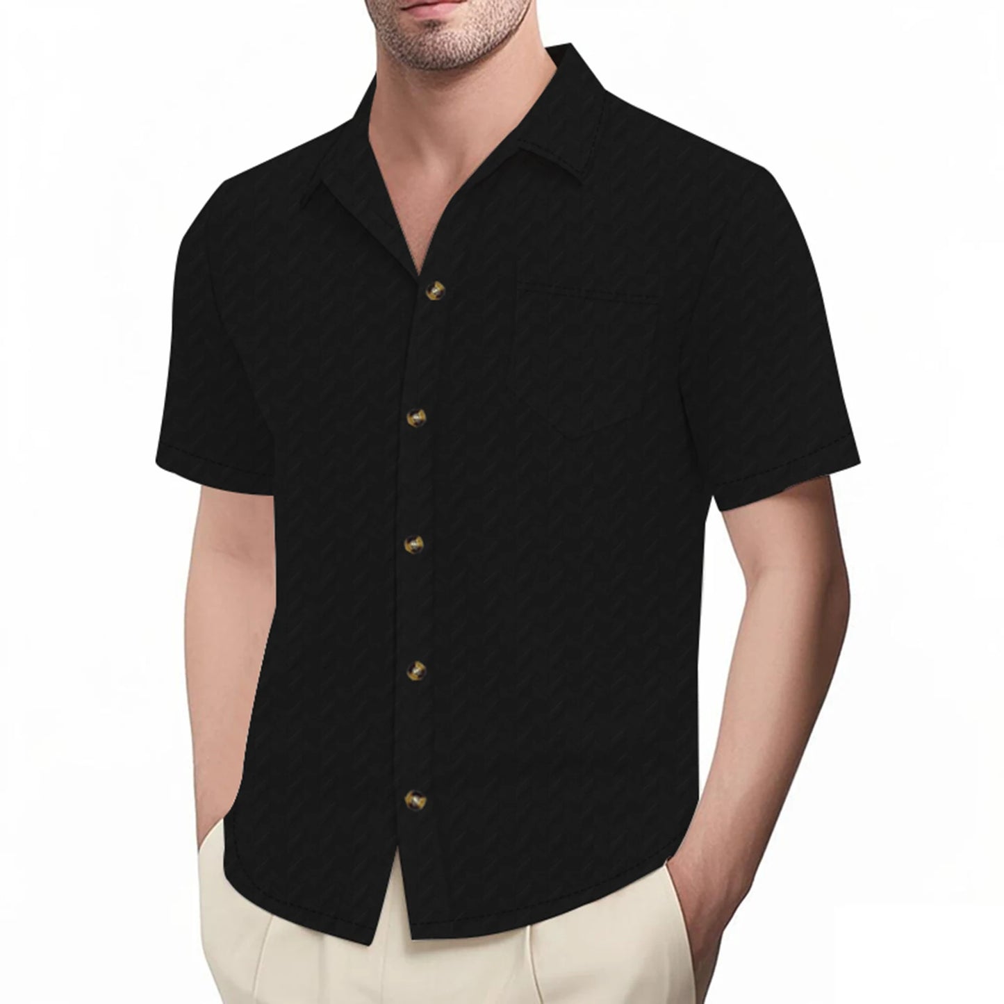 Men s Casual Short Sleeve Button Down Shirt with Turn-down Collar Solid Color Summer Top for Daily Wear and Outings