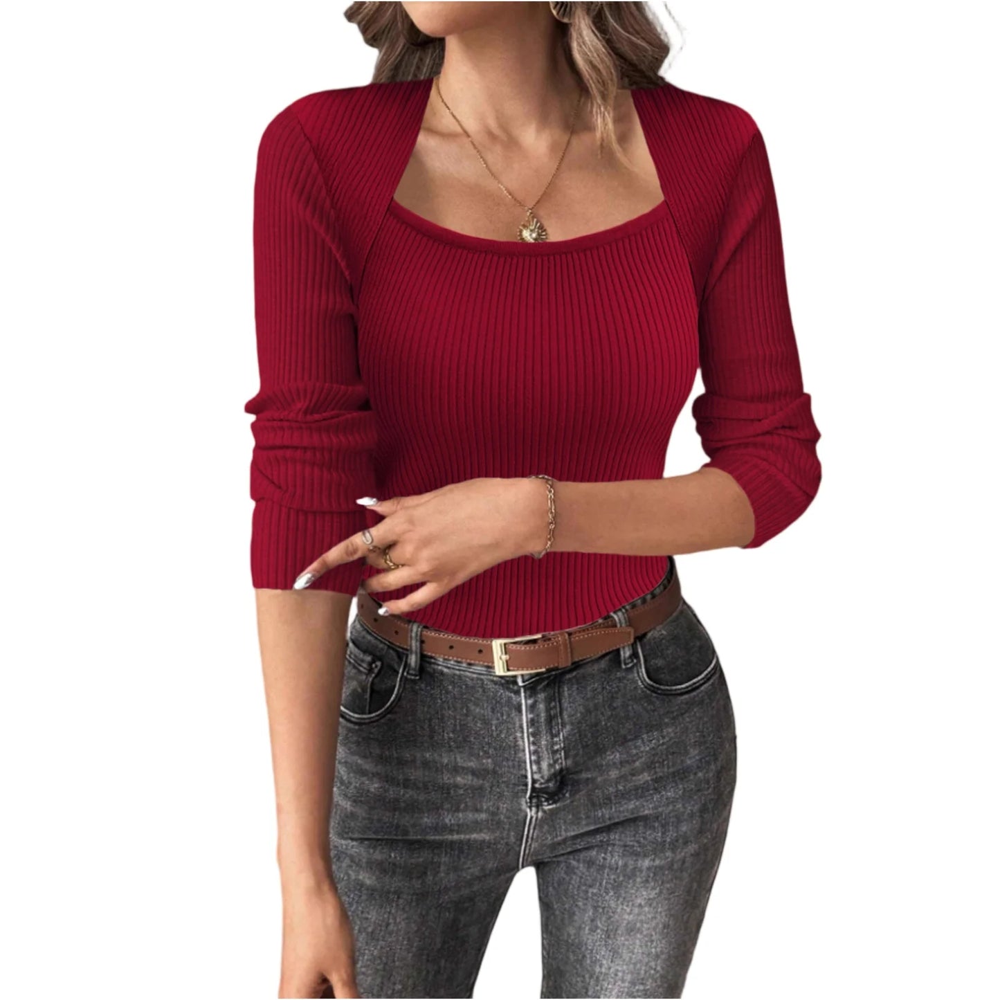 Women'S Square Neck Long Sleeve Pullover Knitted Sweater Bottoming Shirt Ropa De Mujer Winter Clothes Woman Sweater For Woman