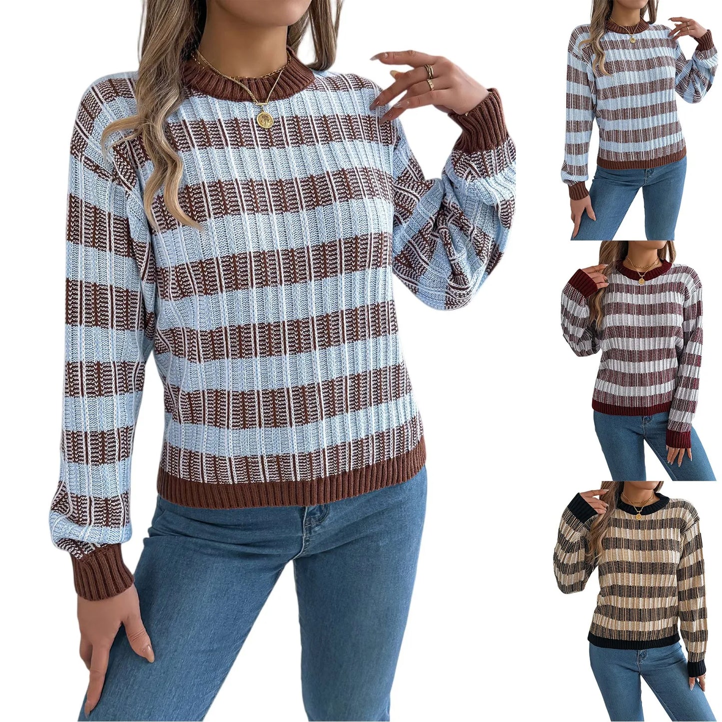Sweater For Woman Women'S Round Neck Vintage Striped  Long Sleeve Pullover Sweater Ropa De Mujer Winter Clothes Woman New