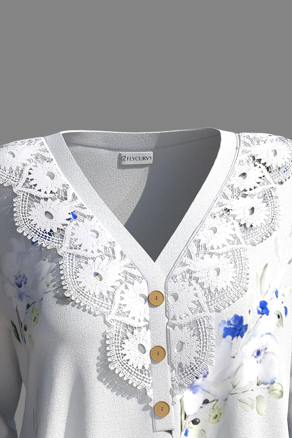 Plus Size Lace Patchwork V Neck Floral Print Blouse