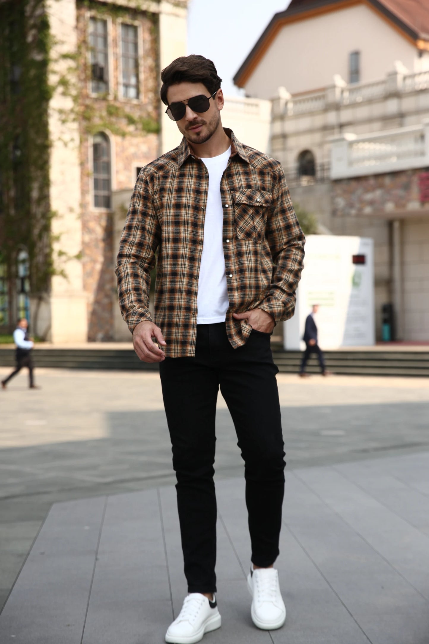 Men's Shirts Spring Popular Clothes Flannel Long Sleeve Plaid Checkered Brushed Casual Western Snap Shirt US Size