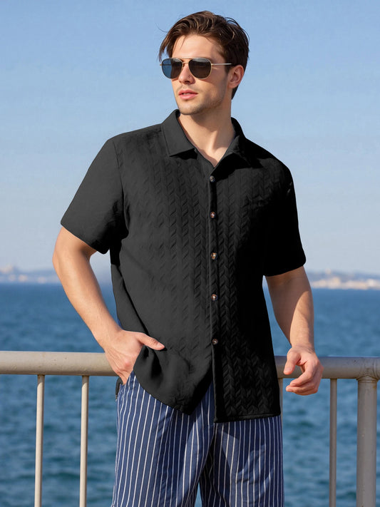 Men s Casual Short Sleeve Button Down Shirt with Turn-down Collar Solid Color Summer Top for Daily Wear and Outings