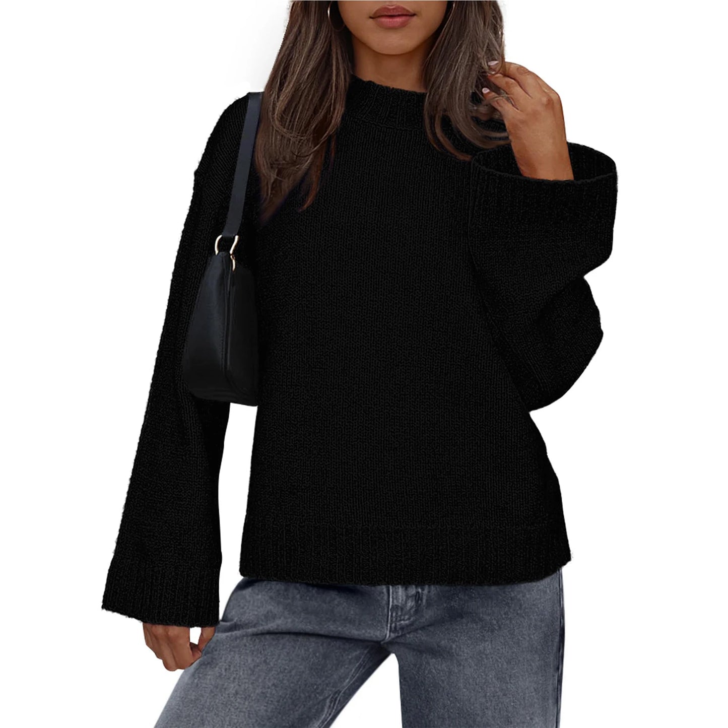 Womens Loose Round Neck Solid Color Bell Sleeve Long Sleeve Knitted Sweater Top Ropa De Mujer Sweater De Mujer Pull Femme