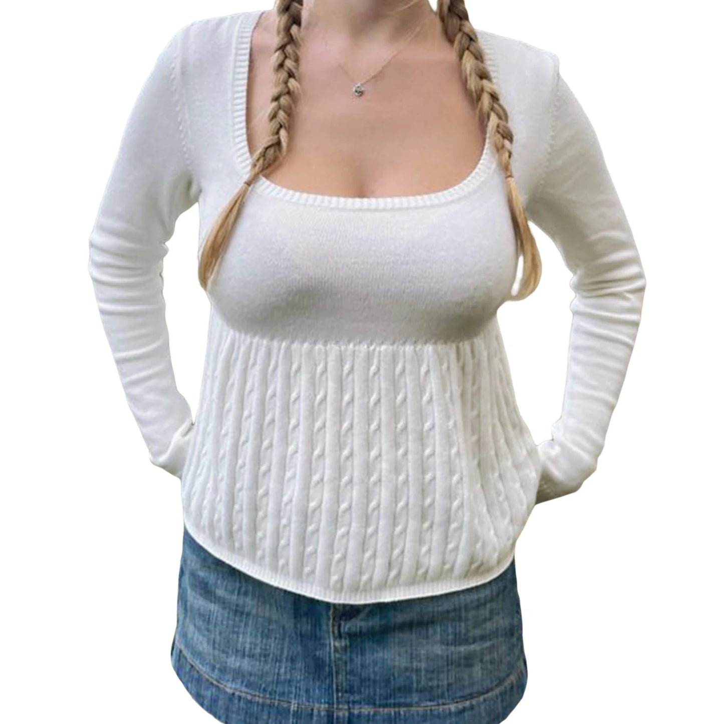 Women s Spring Autumn Knitted Tops Solid Color Long Sleeve U Neck Cable Knitwear