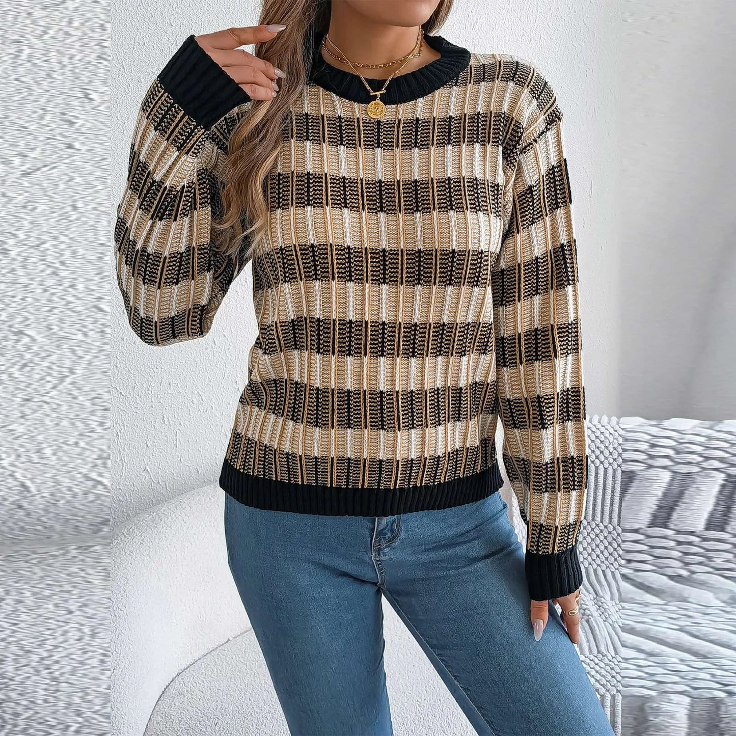 Sweater For Woman Women'S Round Neck Vintage Striped  Long Sleeve Pullover Sweater Ropa De Mujer Winter Clothes Woman New