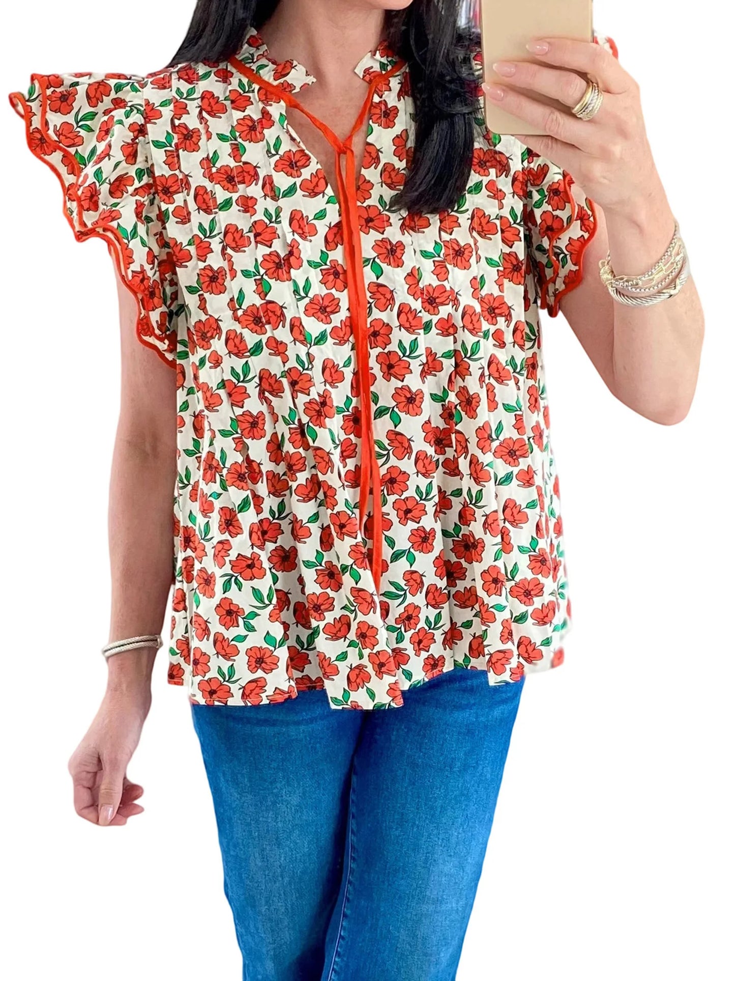 Women s Summer Casual V-Neck T-Shirt with Tie-Up Detail and Floral Print Short Sleeves Streetwear Top