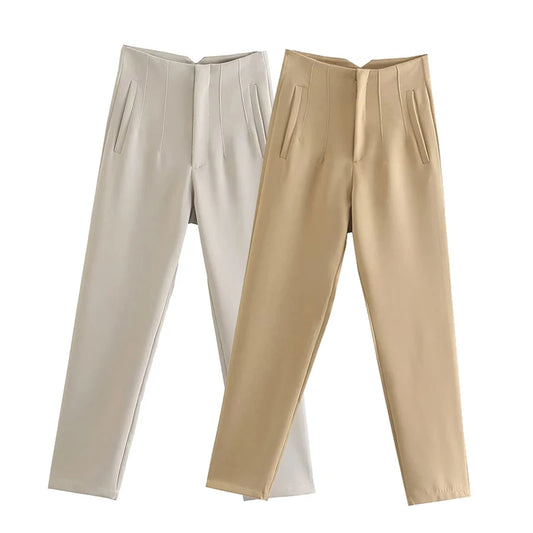 CLAZZAA Women Fashion Solid High Waist Pencil Pants With Seam Detail Streetwear Woman Ankle Trousers Autumn Office Pant