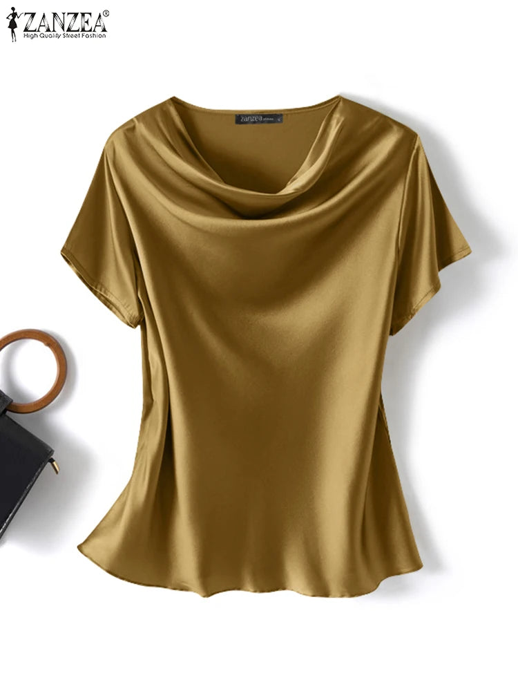 Women Summer Blouses ZANZEA 2024 Fashion Satin Tops Short Sleeve Blusas Female O Neck Casual Home Wear Tunic Chemise Oversized