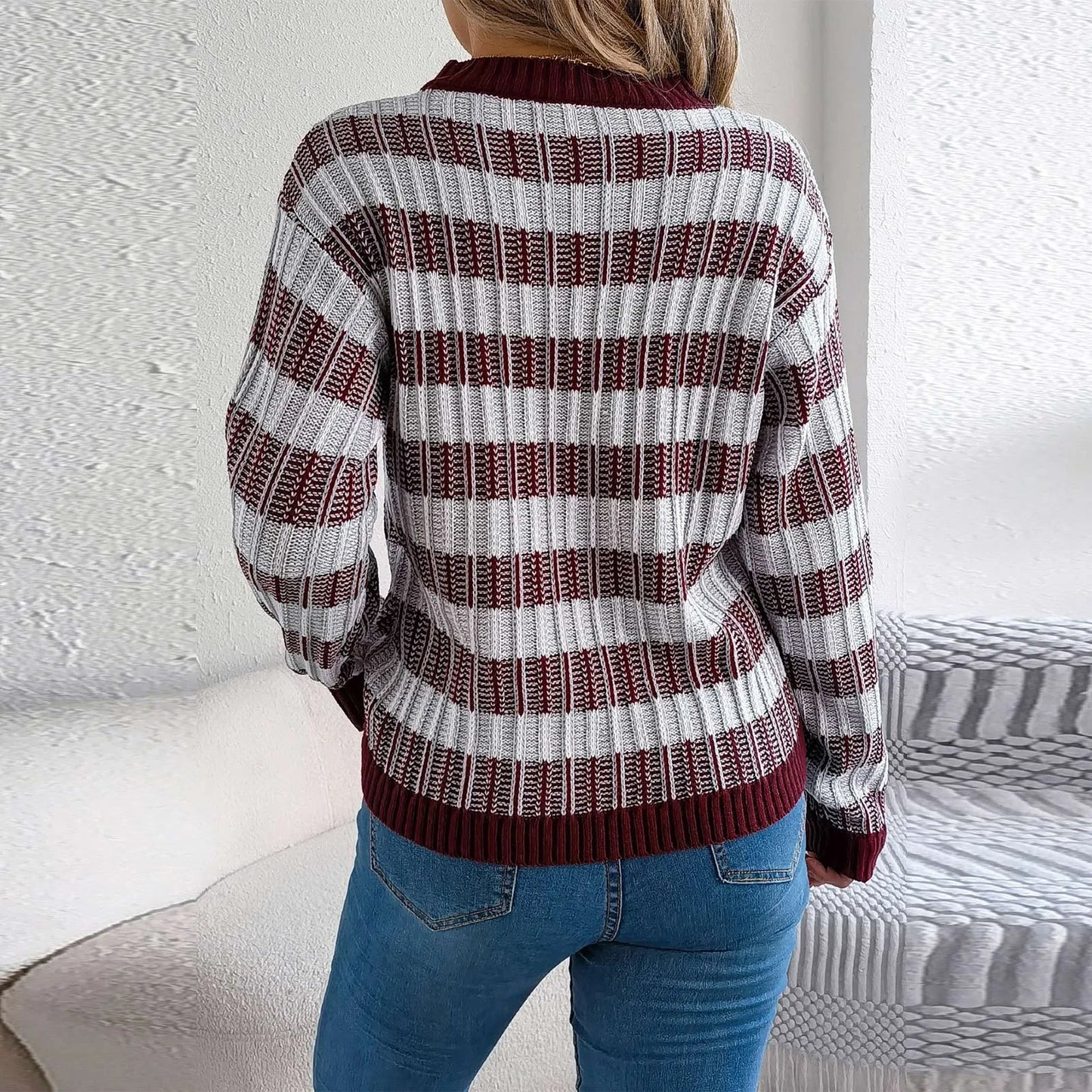 Sweater For Woman Women'S Round Neck Vintage Striped  Long Sleeve Pullover Sweater Ropa De Mujer Winter Clothes Woman New