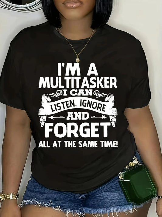 I'm a Multitasker Graphic Print Casual Short Sleeve Crew Neck Top for Spring Summer Black with White Lettering Star Decorations