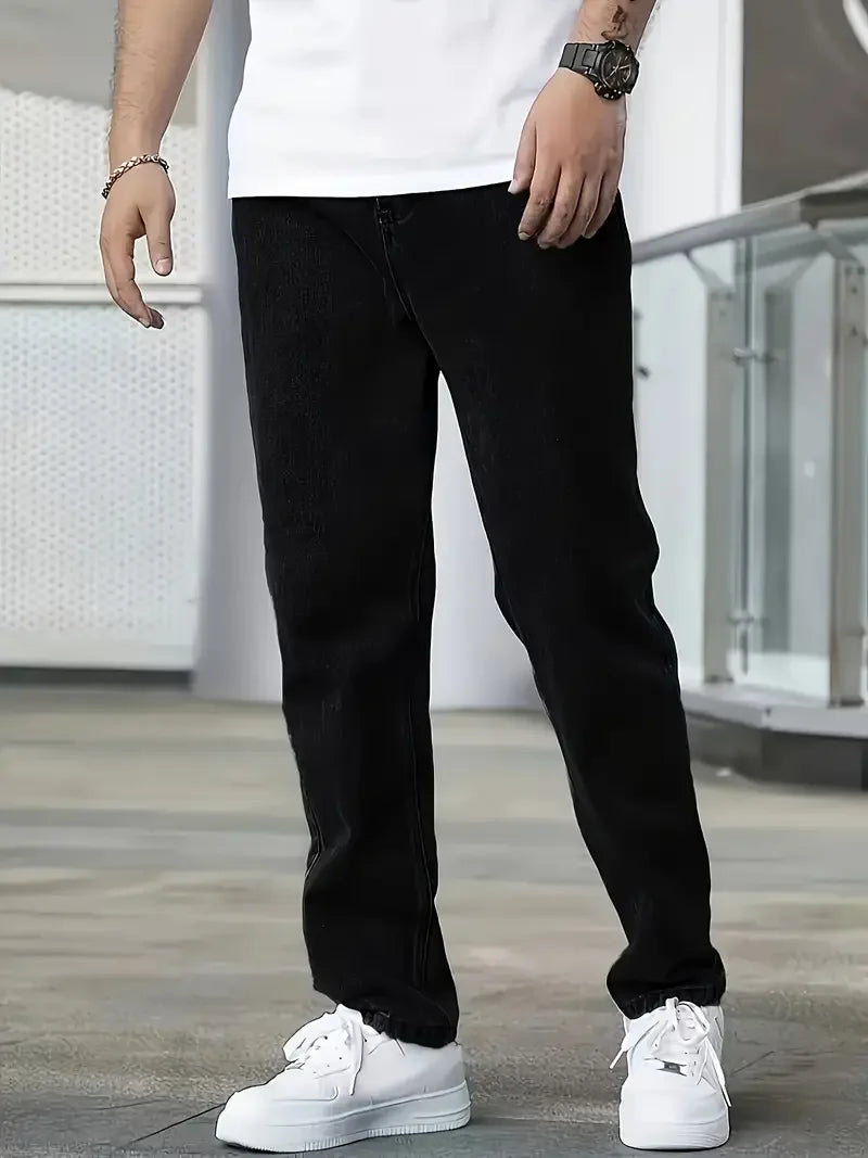 Men'S Classic Solid Color Jeans - Lightweight Business Casual, Straight Leg Pants With Pockets, Machine Washable, Suitable For D