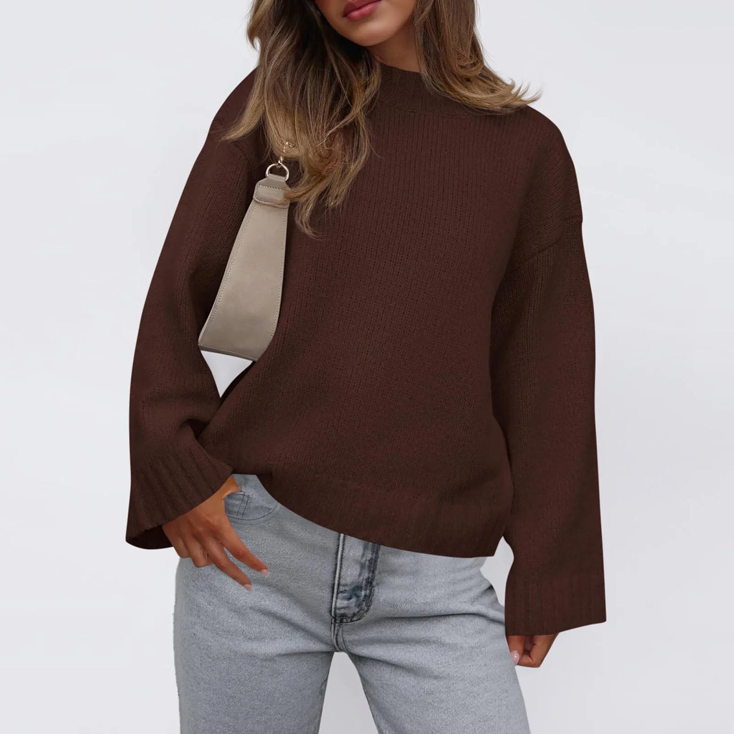 Womens Loose Round Neck Solid Color Bell Sleeve Long Sleeve Knitted Sweater Top Ropa De Mujer Sweater De Mujer Pull Femme