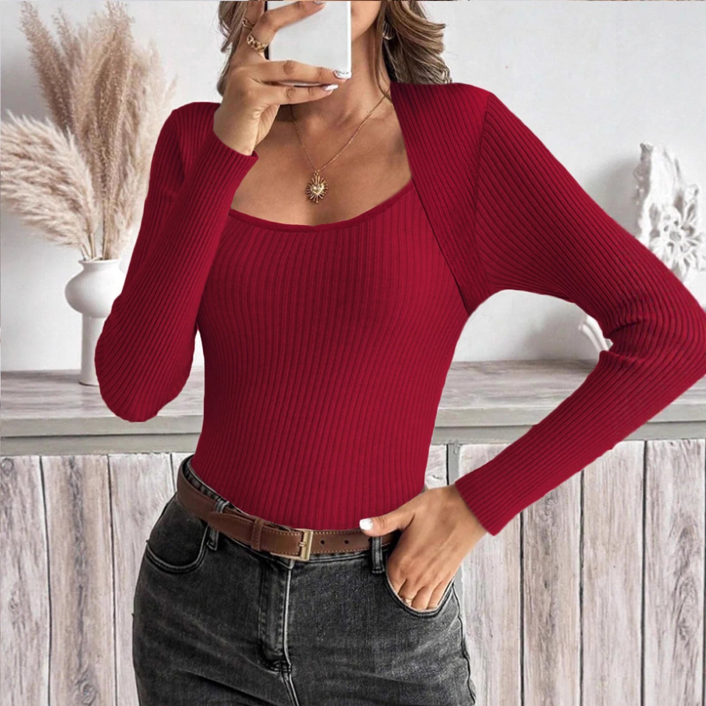 Women'S Square Neck Long Sleeve Pullover Knitted Sweater Bottoming Shirt Ropa De Mujer Winter Clothes Woman Sweater For Woman