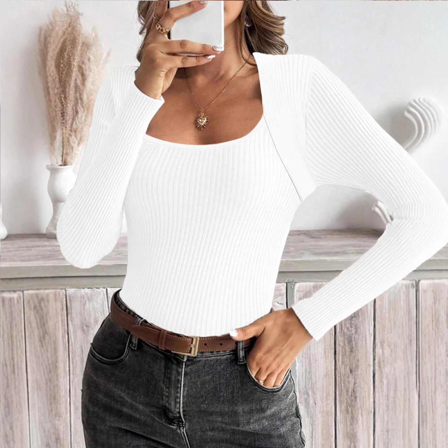 Women'S Square Neck Long Sleeve Pullover Knitted Sweater Bottoming Shirt Ropa De Mujer Winter Clothes Woman Sweater For Woman