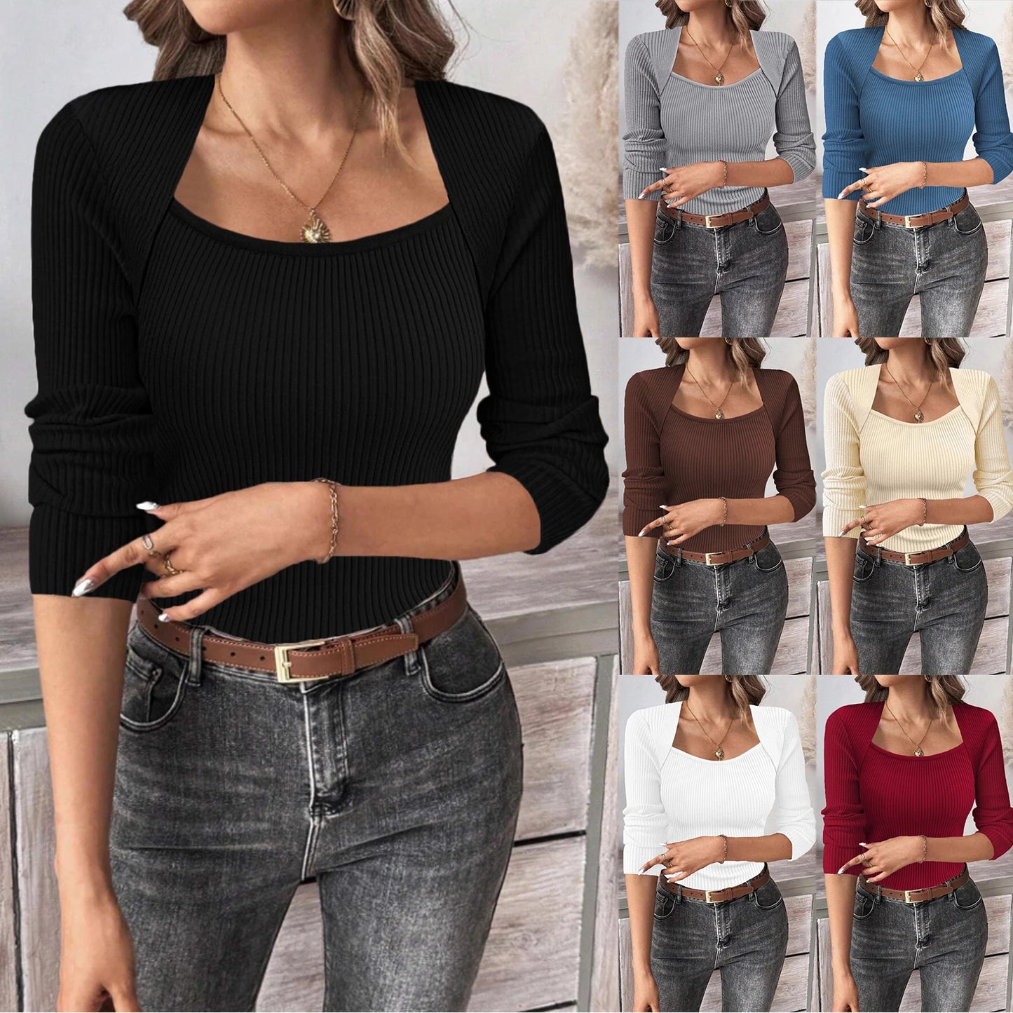 Women'S Square Neck Long Sleeve Pullover Knitted Sweater Bottoming Shirt Ropa De Mujer Winter Clothes Woman Sweater For Woman