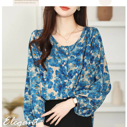 Floral Design New Casual Loose Lantern Sleeve Blouse Retro Long Sleeve Chiffon Women's Shirt Tops