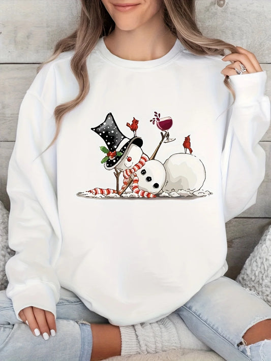 Ladies Christmas Snowman Sweater Holiday Cotton Blend Pullover Stretch Knitted Fabric Letter Print Perfect for Holiday Parties