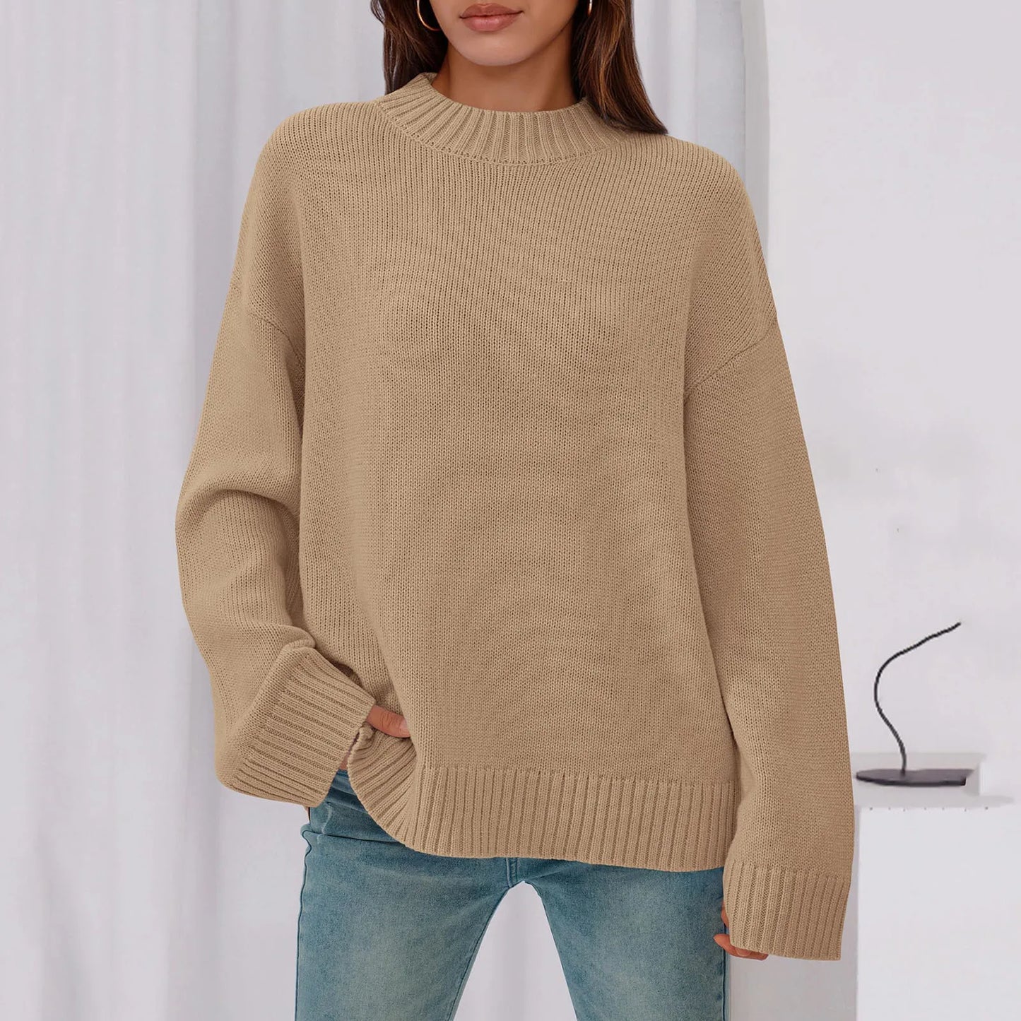 Womens Loose Round Neck Solid Color Bell Sleeve Long Sleeve Knitted Sweater Top Ropa De Mujer Sweater De Mujer Pull Femme