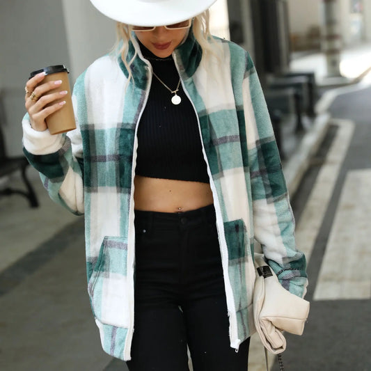A mid-length, long-sleeved, stand-up collar, plaid zipper, loose golden mink fleece jacket for women